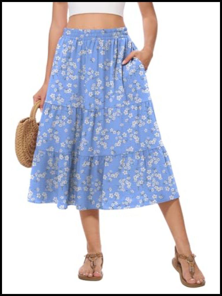 Boho A-Line Midi Skirt With Pockets Elastic Waist